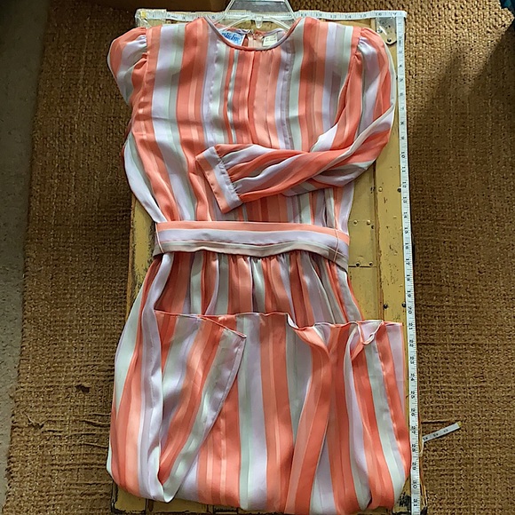 60s 70s VINTAGE LESLIE FAY SILKY LS STRIPE BELTED PRARIE BOHO MIDI DRESS 6 VTG - Picture 2 of 16
